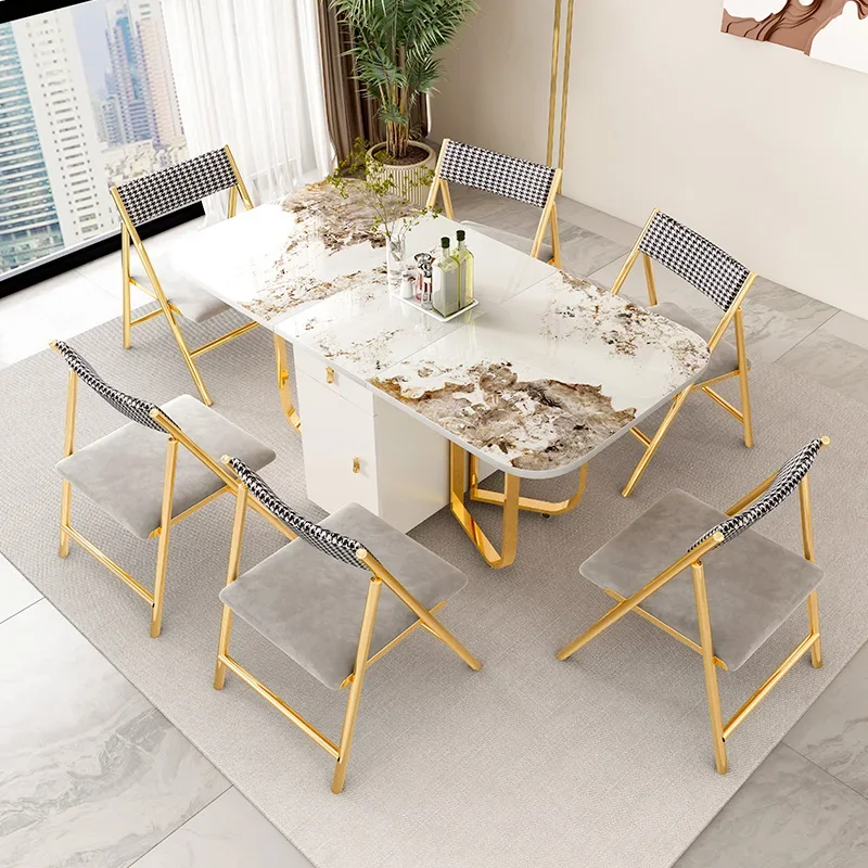 European Nordic White Table Gold Drawer Storage Rectangular Wood Dining Table Small Extendable Mesa Plegable Kitchen Furniture