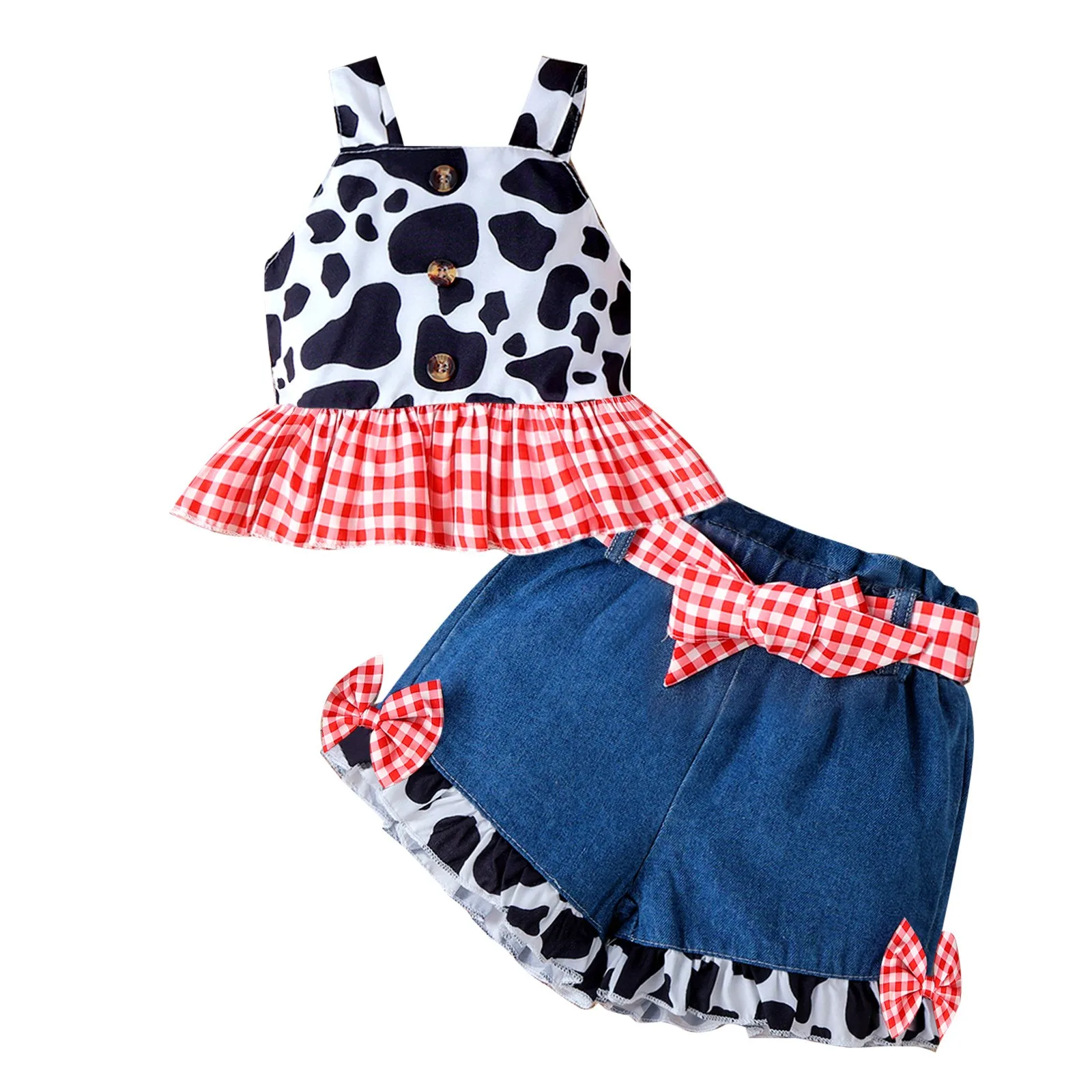 

Nee Born Toddler Girl Denim Western Outfit Baby Clothes Ruffle Cow Print Shirt Button Down Tops Belted Girl Athletic Clothe