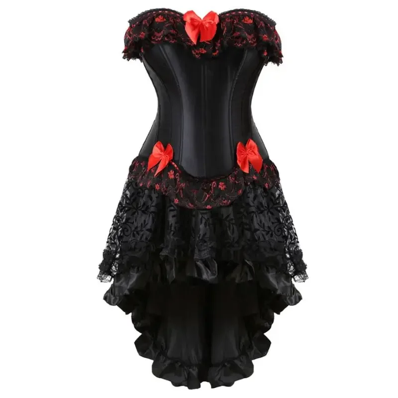 Vintage corset and skirt set sexy satin lace corset irregular floral skirt women Victorian bustier corset top plus size costumes