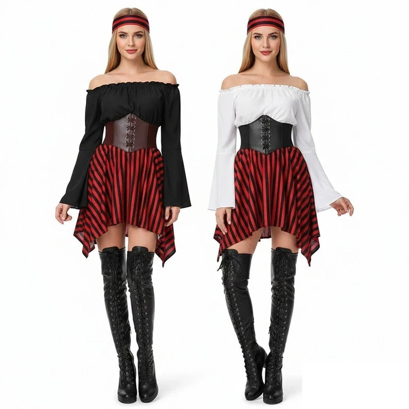 

❤️❤️❤️Women Pirate Cosplay Costume Medieval Renaissance Roleplay Costume Skirt with Corset Headscarf Halloween Carnival Pa❤️⭐️❤️