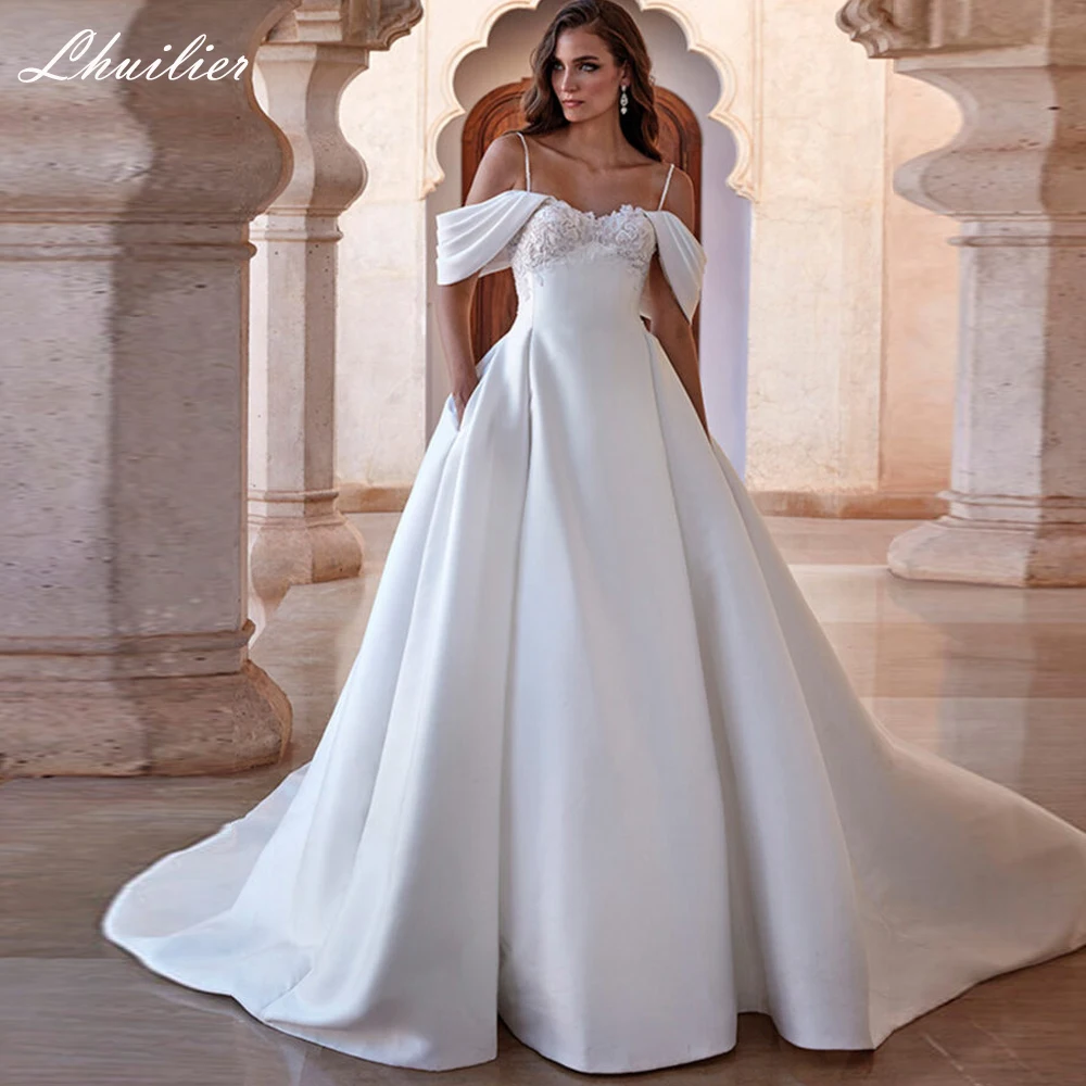 Lhuilier Customized A Line Satin Wedding Dresses Floor Length Spaghetti Straps Bridal Gowns with Court Train