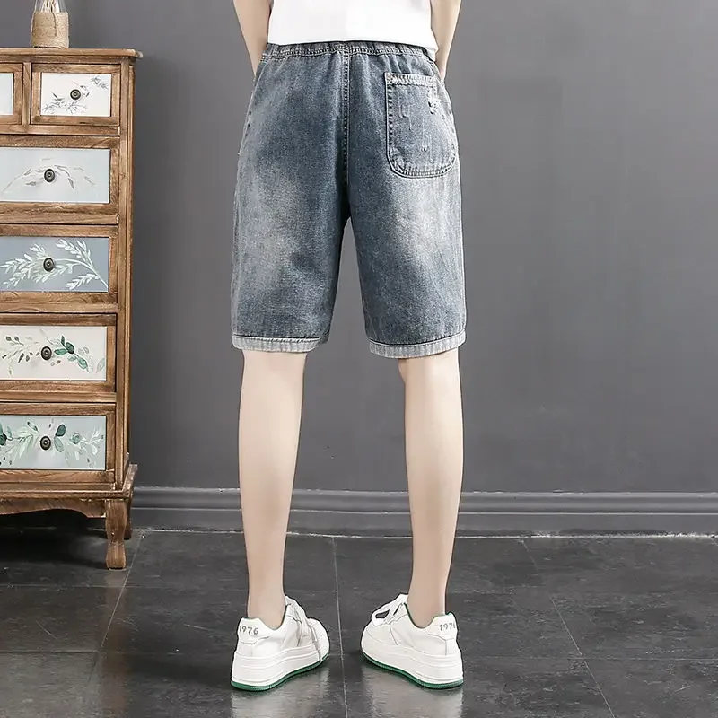 

High Waist Straight Leg Distred Denim orts Women's Elastic Waist Vintage Sle Five-Quarter Length Hot Pants XT1390