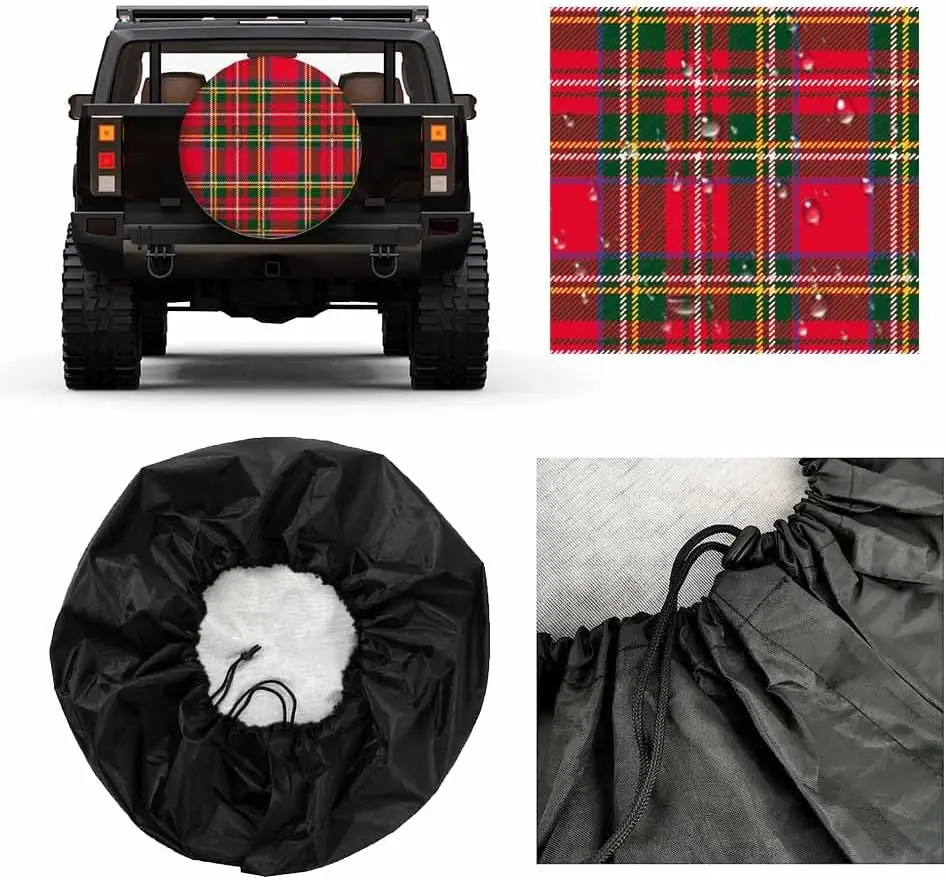 Tartan Plaid Spare Tire Cover Traditional Red Black Green Checkered Scottish Christmas New Year Weatherproof Wheel Protectors