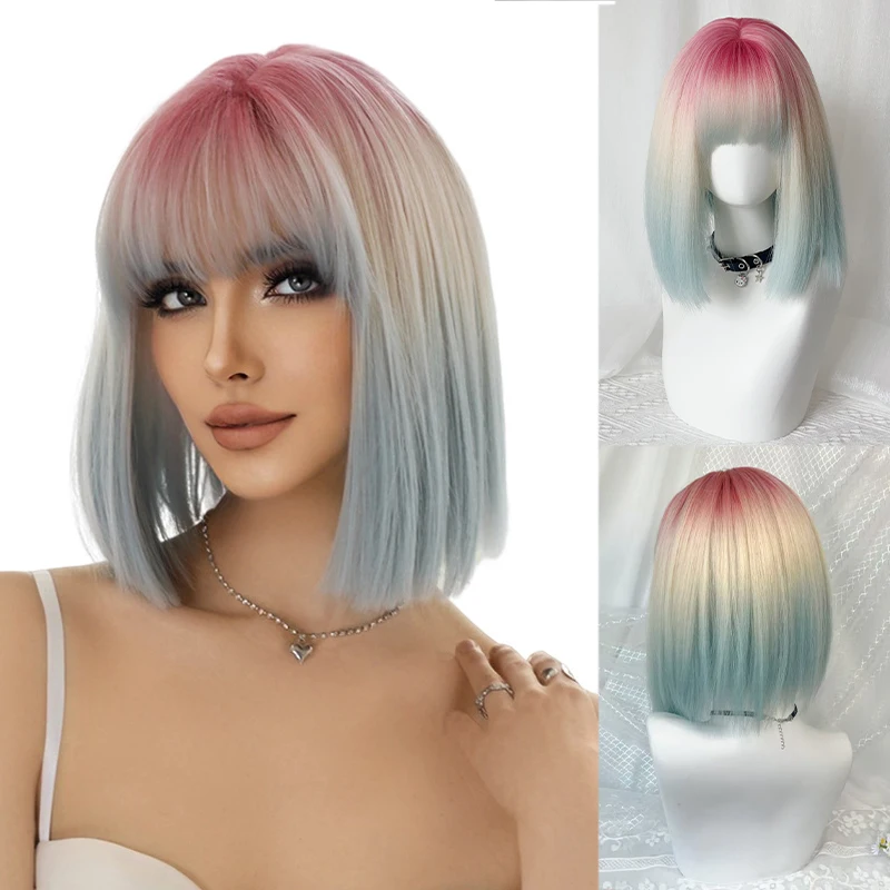 

Женщина с париком с одной вырезанной градиентной прической Боба радужного цвета, полное покрытие головы и короткие волосы на ключице.