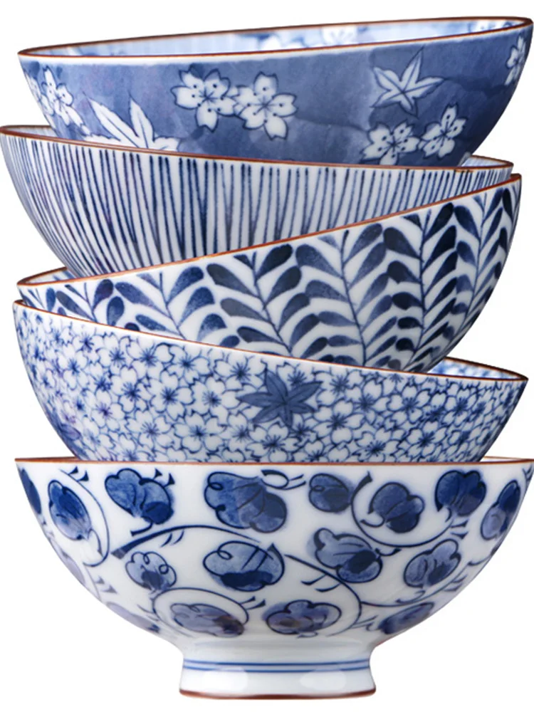 Mino Yaki Ceramic Bowl Household Japanese-Style Tableware Rice Bowl Noodle Bowl Blue and White Porcelain Bowl Set Gift