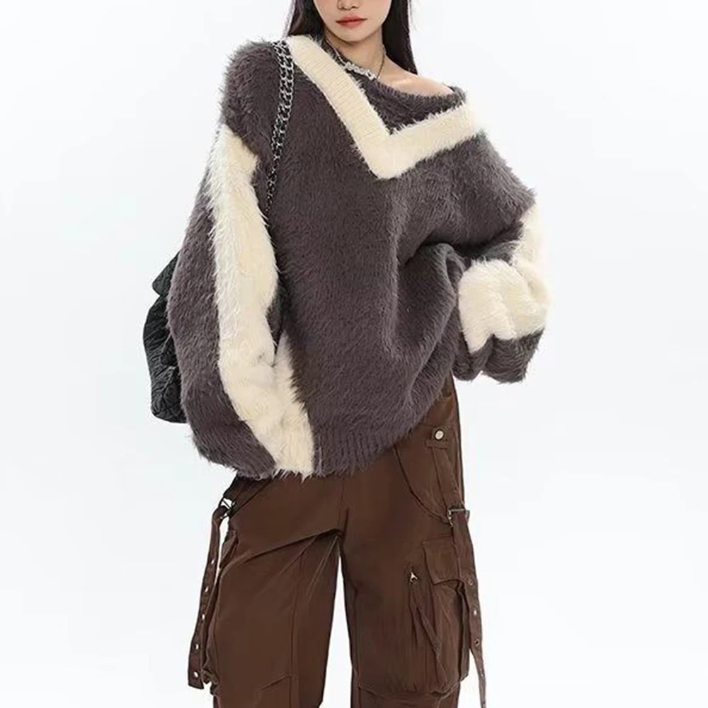 

Новый зимний мужской свитер с лоскутным узором, унисекс, в американском ретро-стиле, модный тренд, повседневный свободный крой, нишевый мужской топ