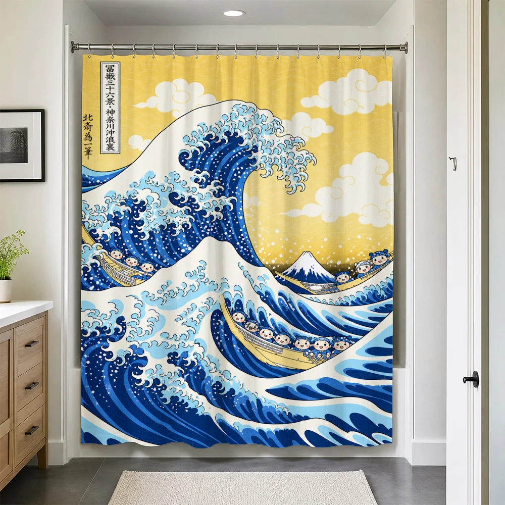 Premium Waterproof Shower Curtain Great Wave Japanese Ukiyo-e Art Bathroom Decor Curtain Novelty Ocean Scene Anime Style Bath Ac