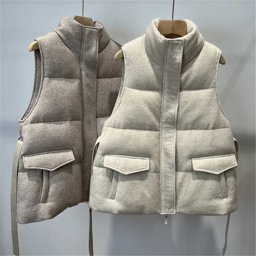 Women's Knitted Sleeveless Vest Down Jacket With Belted Autumn Winter 2024 Warm Goose Down Waistcoat