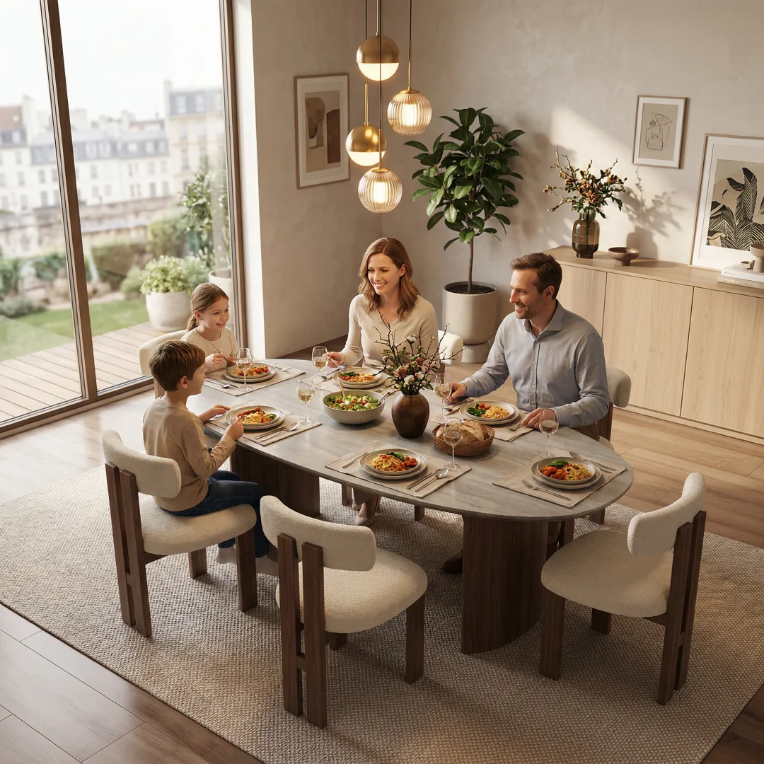 #Luxury Modern Design Travertine Slab Dining Table with Walnut-colored Solid Wood Base 4 Seater Multiple Sizes Available