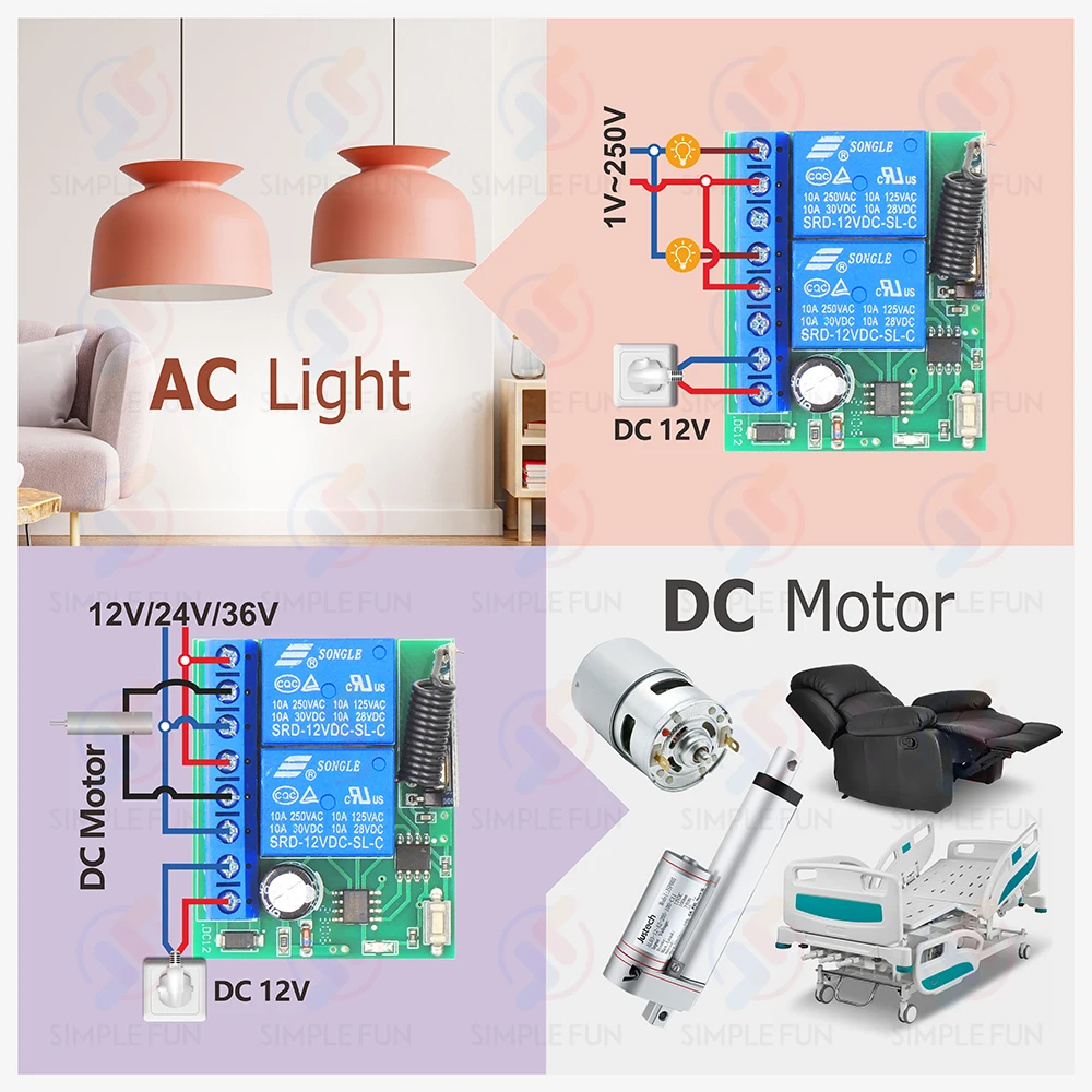 433MHz Universal Wireless Remote Control Switch DC 12V 2 CH Motor Light Relay Switch 50m Control Range,for Light/Gate/Motor/DIY