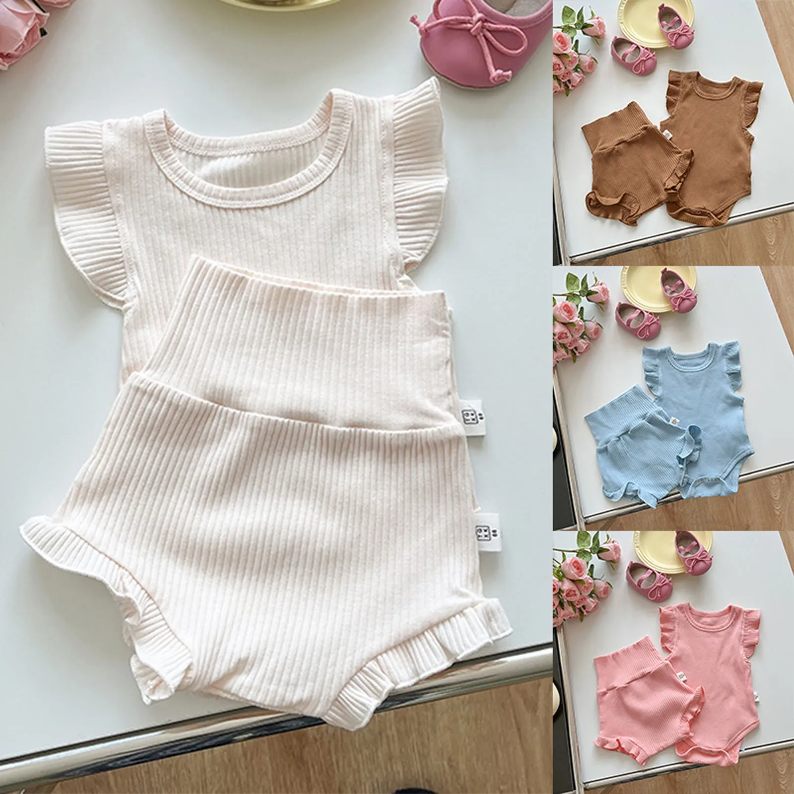 Summer Baby Suit Toddler Boys Girls Ruffle Romper+High Waist Shorts Solid Color Two Pieces Outfits Children\'s Home Clothes Set