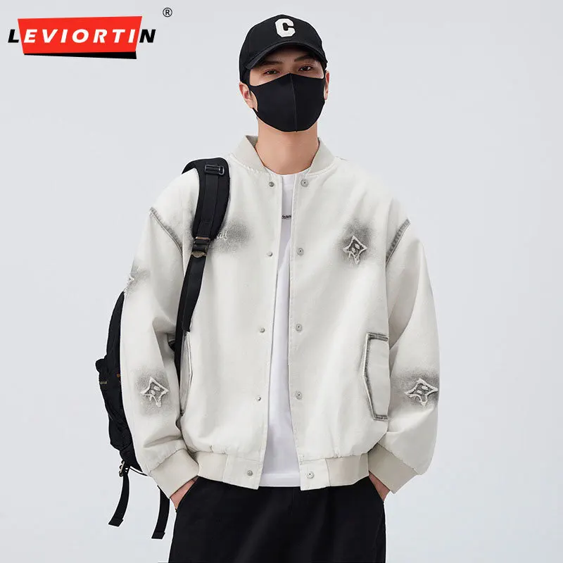 2025 Autumn men's collar fashionable and versatile short embroidered design, loose and comfortable trendy baseball jersey