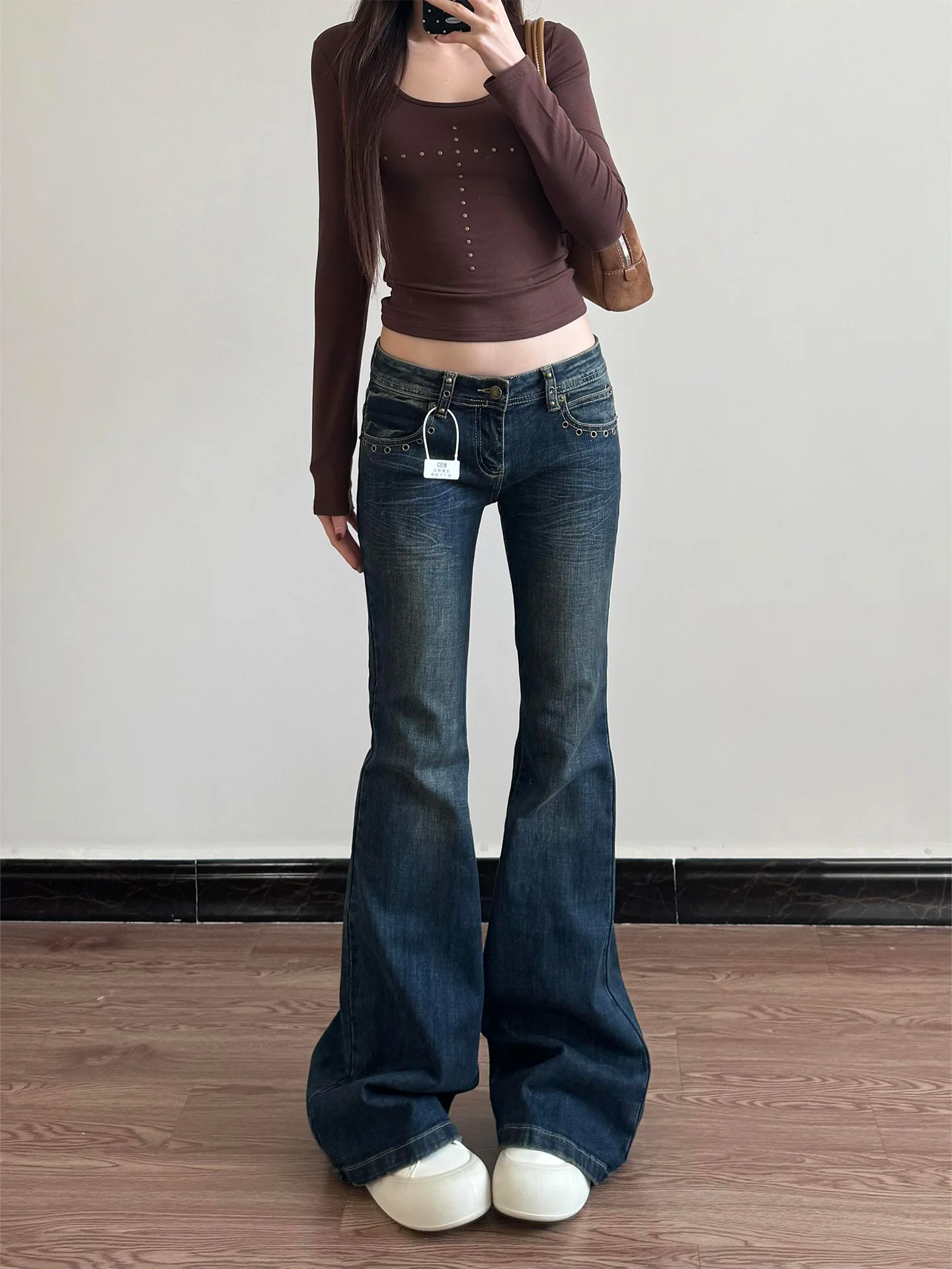 Retro Washed American Style Wide Leg Jeans Women's Autumn New Vintage Slim Fit Floor Length Denim Pants Natural Waist Pocket