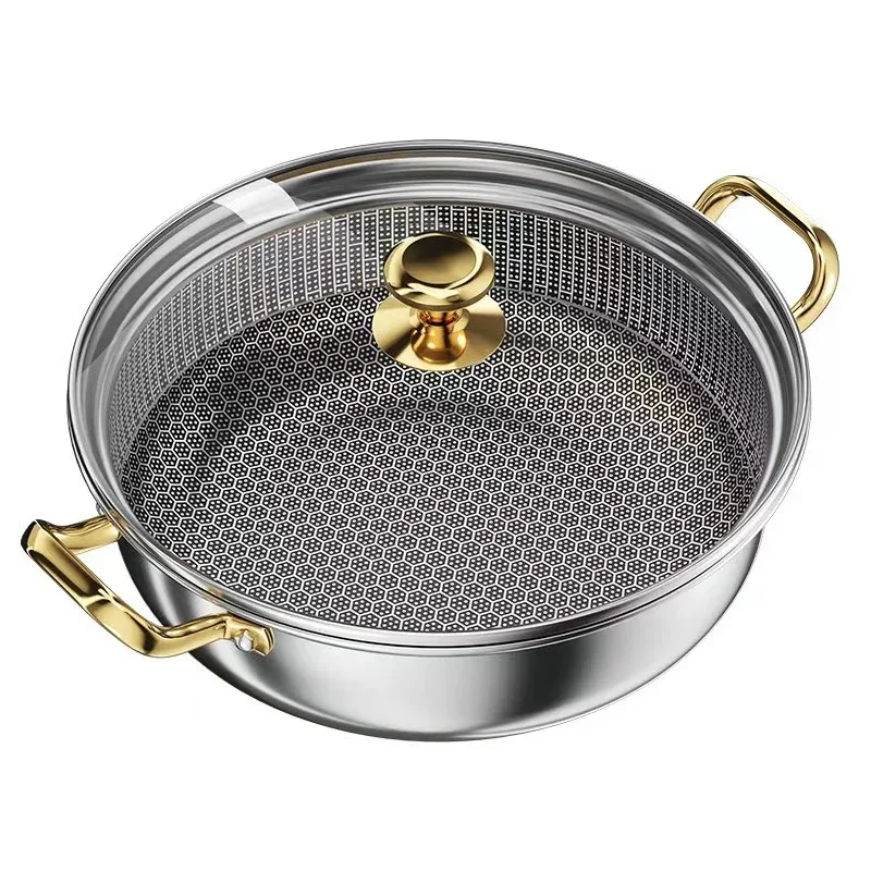 30cm Stainless Steel Soup Pot Wok Non-stick Honeycomb with lid Household Frying Pan Induction Cooker Gas Stove Universal Hot Pot