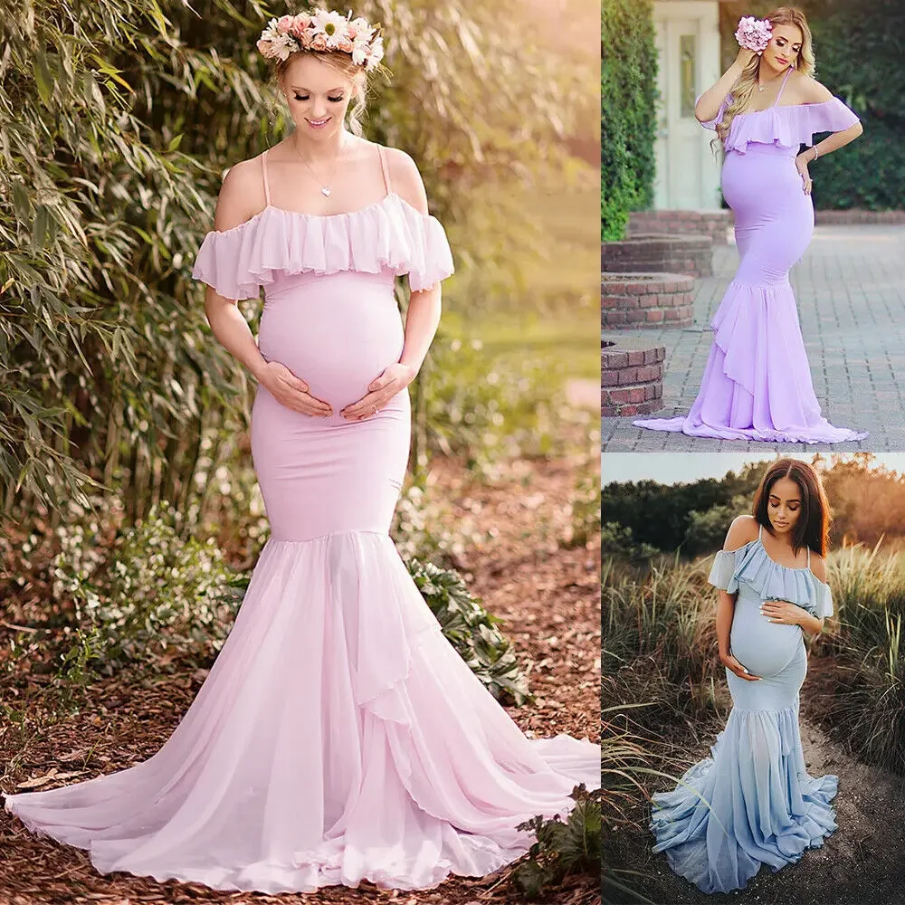 Maternity Off Shoulder Ruffles Elegant Fitted Gown Spaghetti Strap Mermaid Maxi Photography Dress for Photoshoot Baby Shower