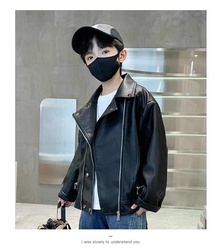 Elegante Kinder-Lederjacke für Teenager-Jungen im koreanischen Stil, schmal geschnittener PU-Ledermantel mit Reißverschluss, modische Frühlingskleidung für Kinder. – Detail 6
