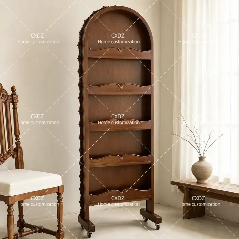 Solid Wood Full Length Mirror Antique Style Arched Floor Standing Mirror Rotatable Mobile Bedroom Dressing Mirror No Drill