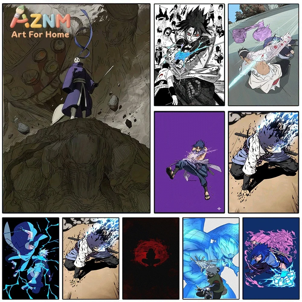 Obito Sasuke Kakashi Anime Canvas Wall Art Poster, Battle Scene Manga Print, Unframed Canvas Painting for Bedroom Living Room