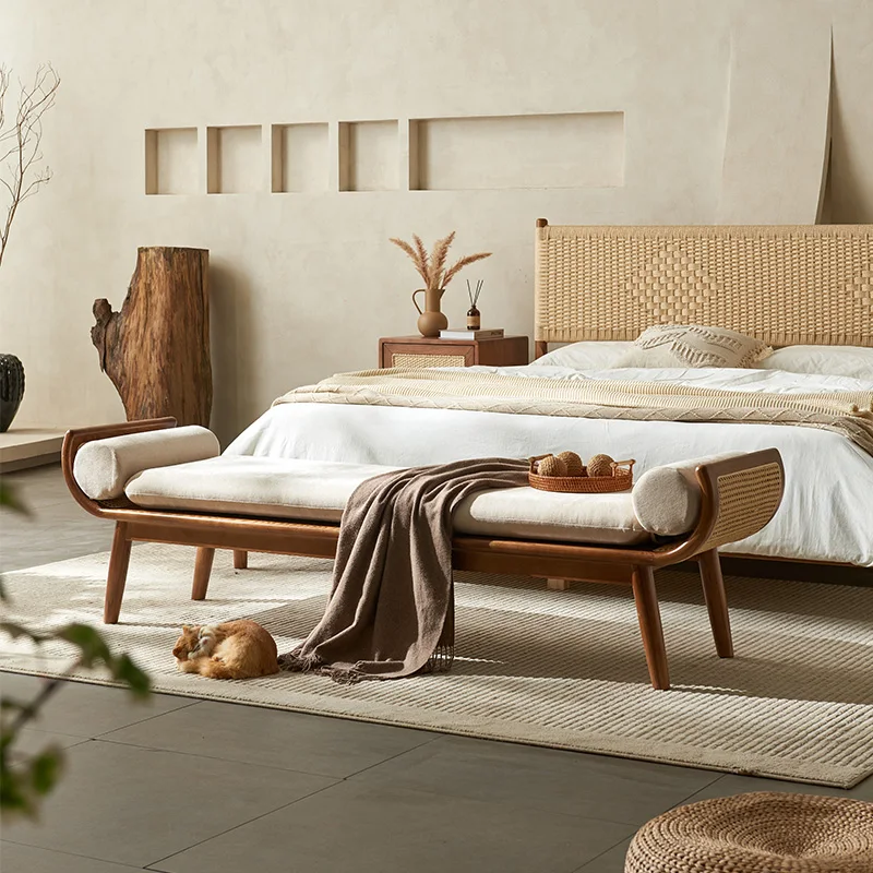 

Solid wood bench, shoe change bench at the door, wabi-**** wind simple rattan dining stool, bedside stool