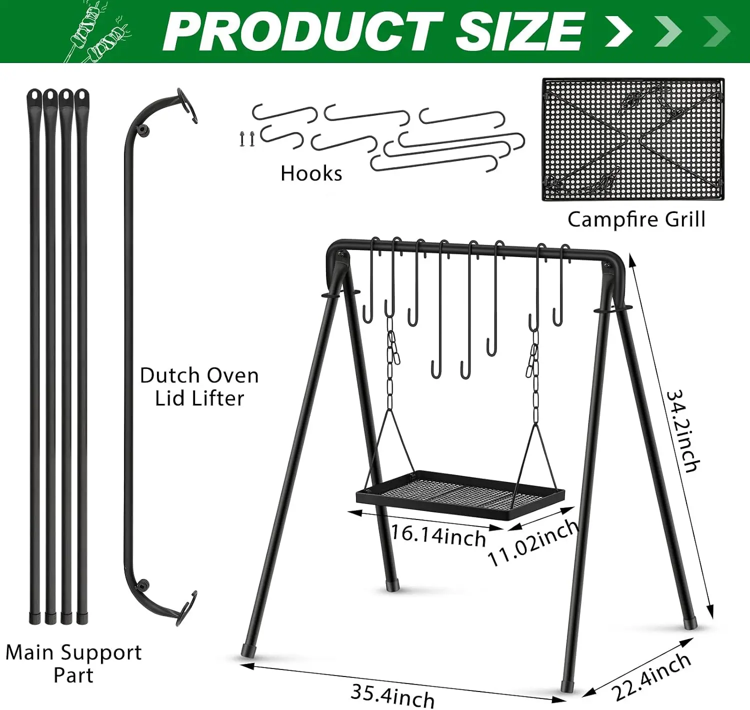 Grill Swing Campfire Stand Campfire Cooking Equipment Adjustable Camping Accessories Cookware Hanging Rack with 8 Hooks