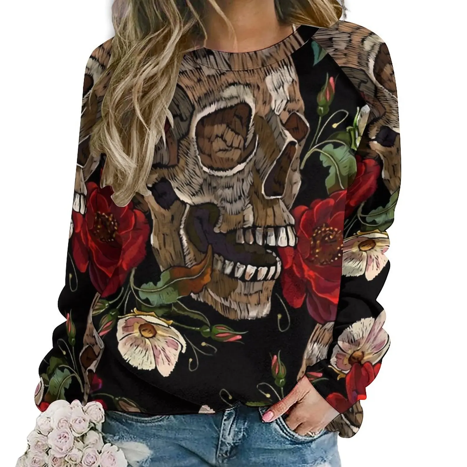 

Embroidery Skull Casual Hoodies Winter Red Roses Aesthetic Hoodie Long Sleeve Oversized Street Style Graphic Sweatshirts