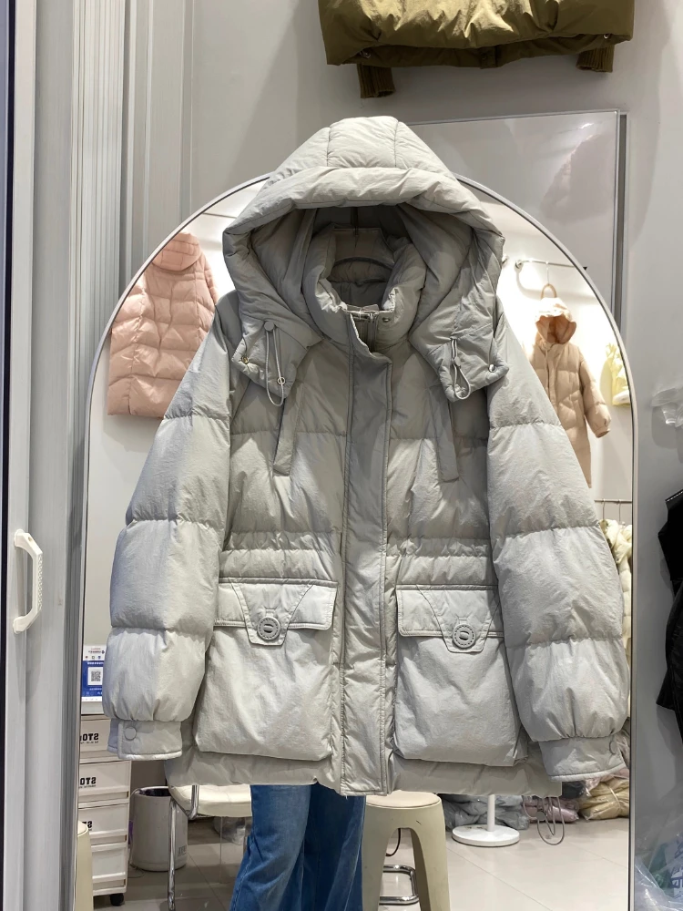 Chaqueta acolchada corta para mujer, abrigo informal holgado de talla grande para otoño e invierno, prendas de vestir cálidas y gruesas con capucha, abrigo de plumón de pato blanco, novedad de 2025