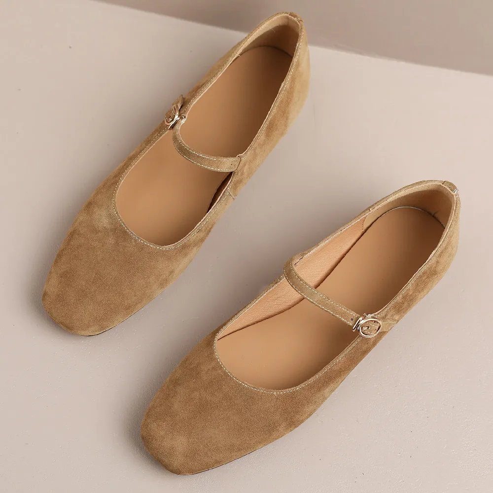 Camurça natural das mulheres dedo do pé quadrado slip-on mary jane flats lazer macio confortável alpercatas sapatos casuais para as mulheres quentes