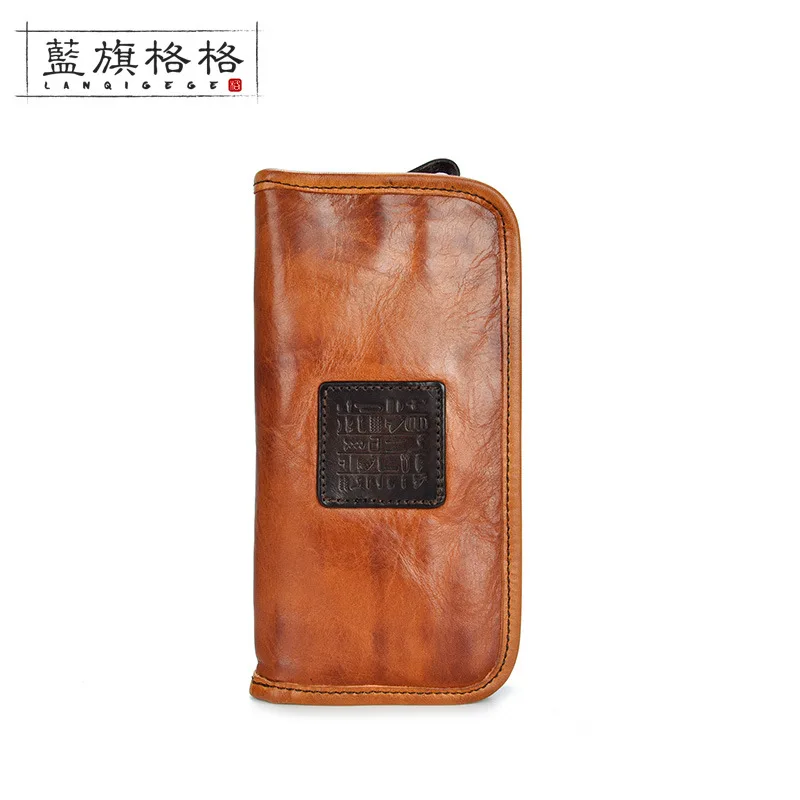 

Gege vintage first layer plant tanned cowhide long purse purse fabric pure handmade leather purse.