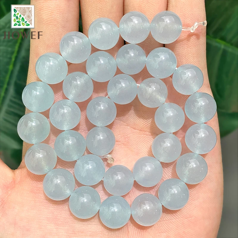 Natural Smooth White Blue Chalcedony Round Spacer Loose Beads for Jewelry Making Handmade DIY Bracelet 4/6/8/10/12/14mm 15\