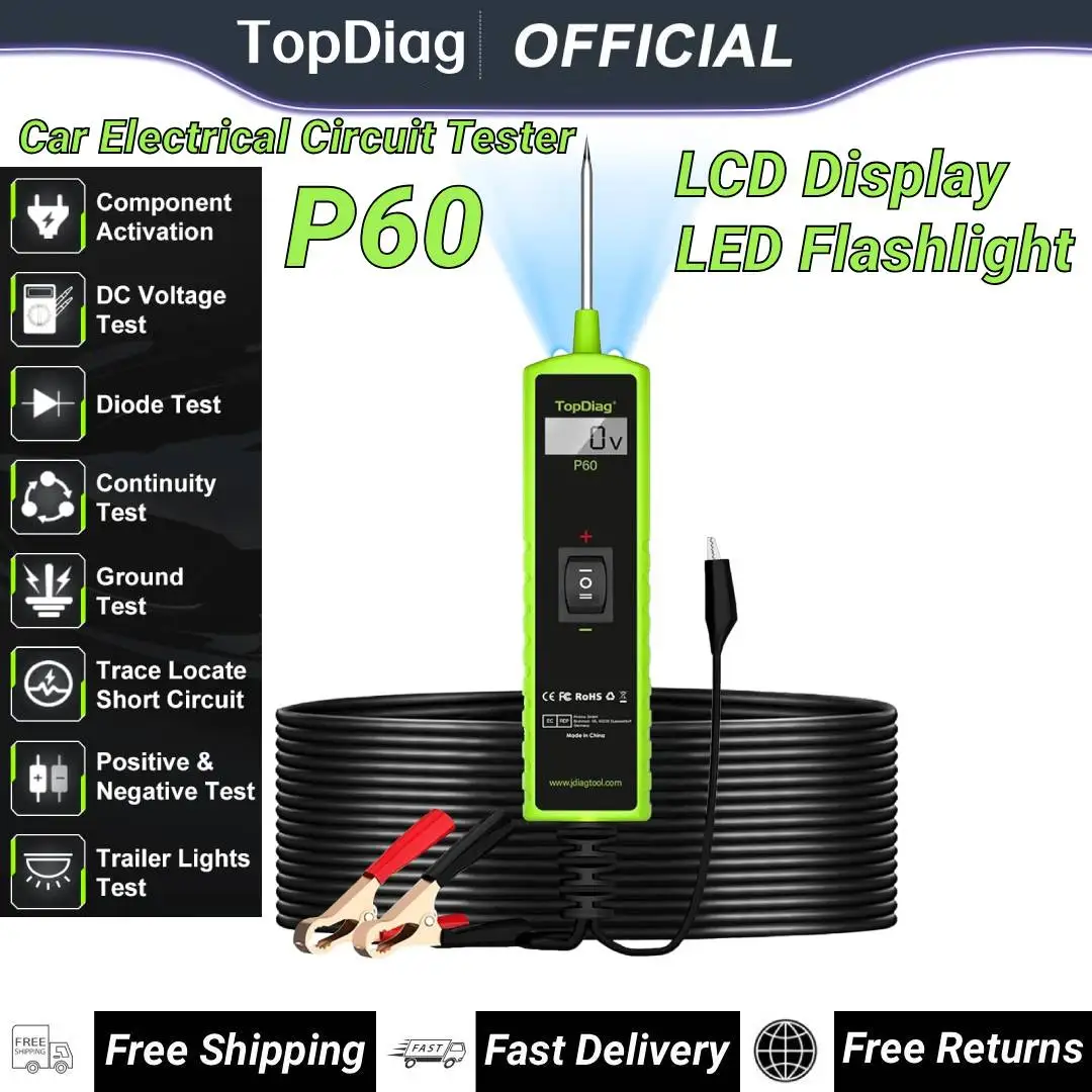 

Набор для диагностики автомобильных цепей TopDiag P60, тестер автомобильных цепей 6V-30V DC с ЖК-дисплеем, детектор короткого замыкания с LED-фонариком