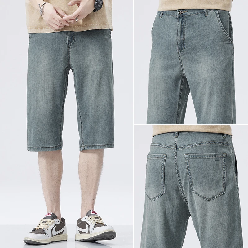 

2025 Summer New Lyocell Men Loose Straight Casual Denim Shorts Stretch Lightweight Breathable Trendy Fashion Outdoor Streetwear