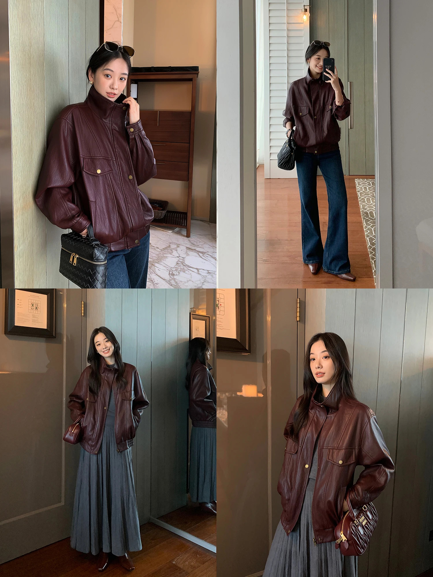 Stylowa kurtka motocyklowa damska z PU skóry, luźny krój, stójka, długi rękaw, idealna do dojazdów do pracy, modna.