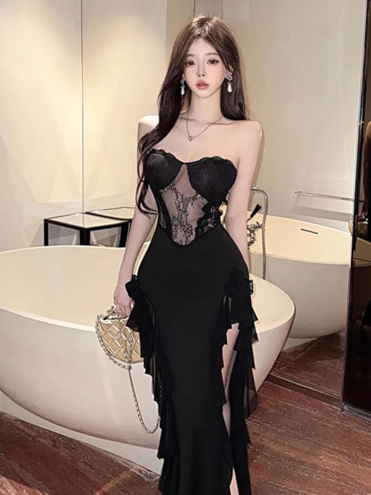 Kimotimo Women Dress Sexy Patchwork Mesh Strapless Irregular Waist Ruffled Split Black Dresses 2024 Fashion Night Party Vestidos