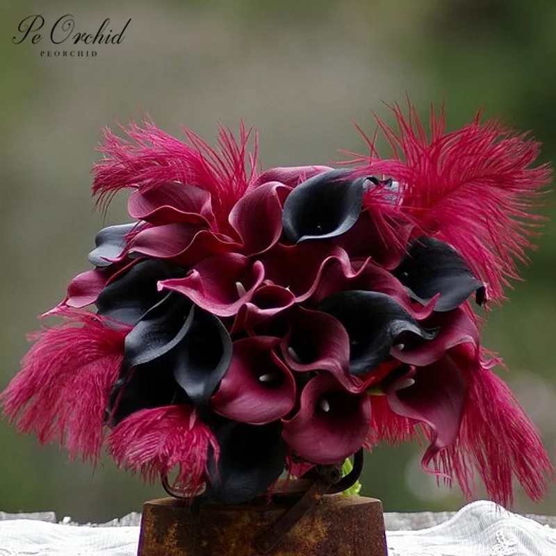 PEORCHID Stunning Goth Bridal Bouquet Burgundy&Black Feathers Real Touch Calla Lily Artificial Bride Flower Bouquet De Mariage