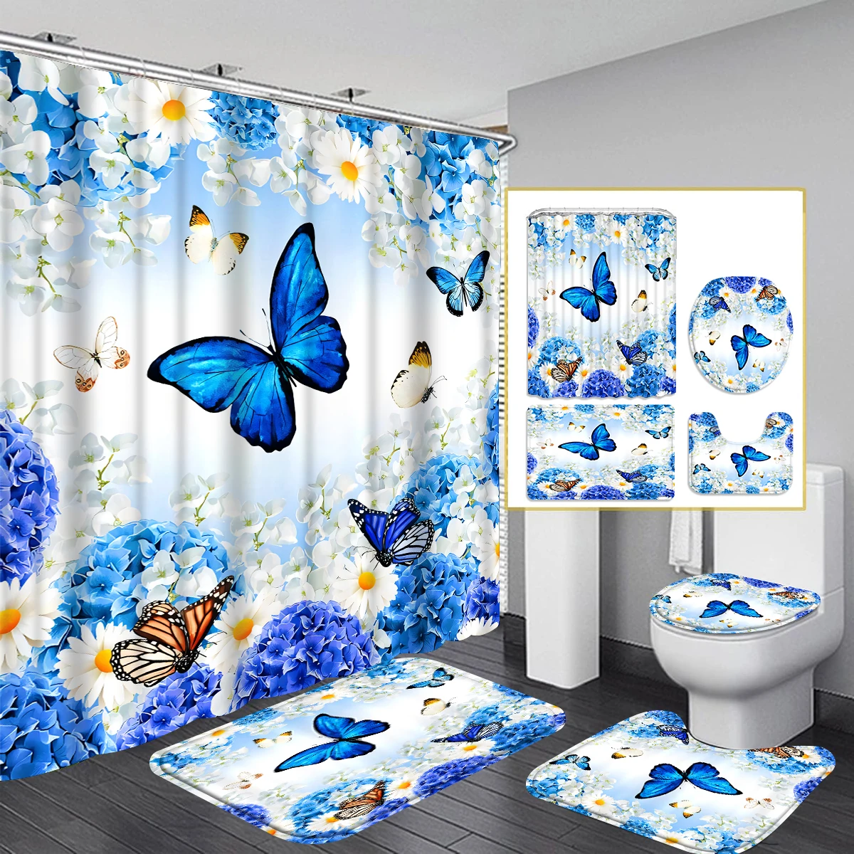 1/4 Piece Shower Curtain Set, Waterproof Bathroom Partition Curtain with Hooks, Anti-Slip Bath Rug, U Shape Mat, Toilet Seat Cov