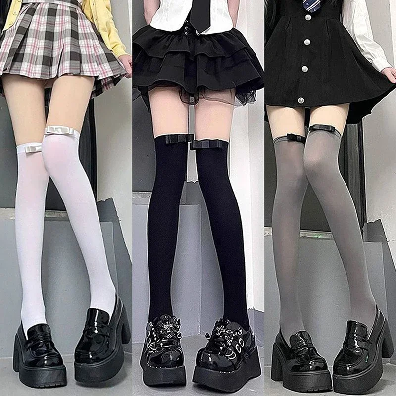 Japanese Stockings JK Velvet White Sweet Over Knee Socks Summer Thin Edition Women Girs Sexy Nylon Calf Socks Bow Socks