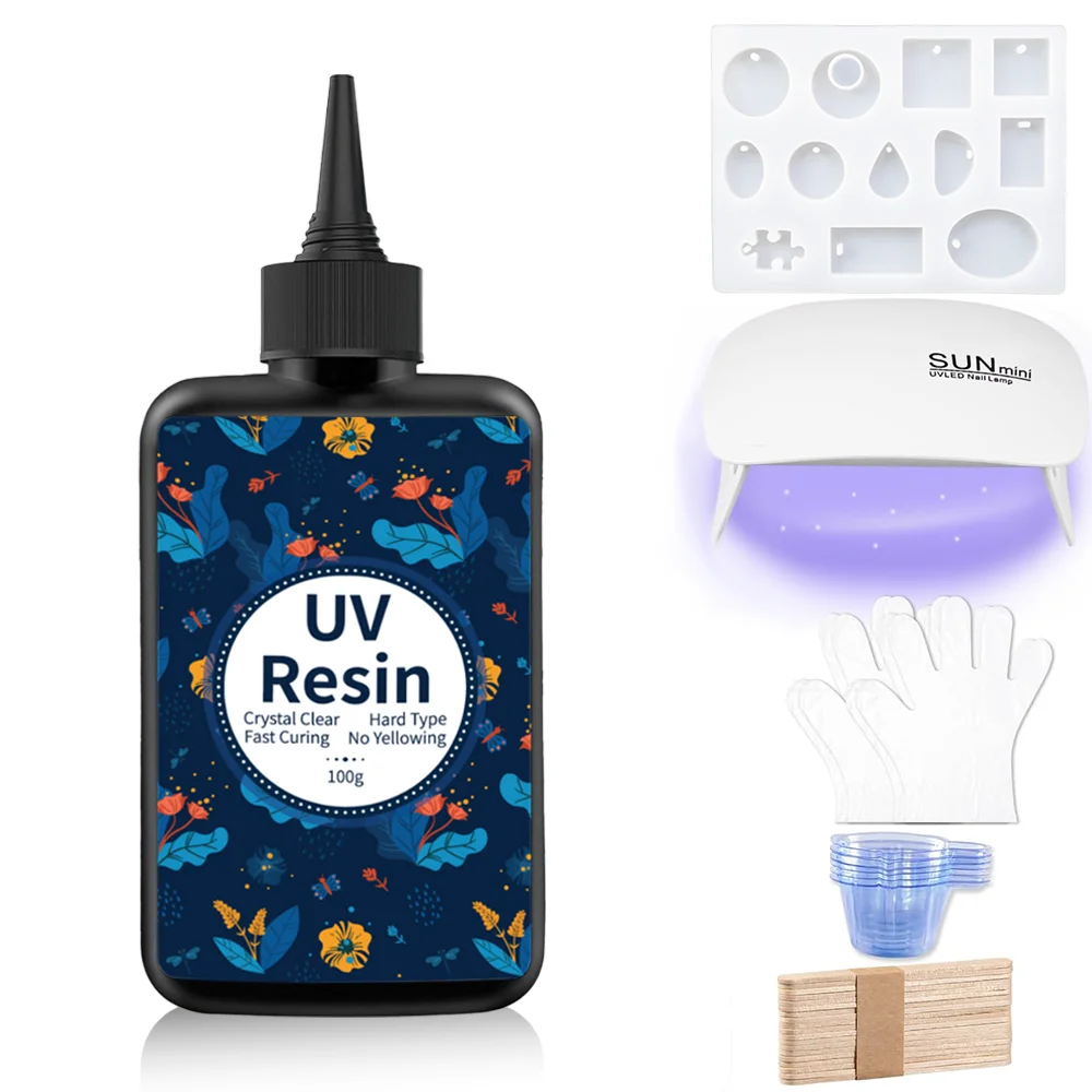 

200g UV Resin Kit with Light (100g x 2 Bottles) - Crystal Clear Solar Activated Fast Curing Epoxy Resin for Jewelry Making, DIY
