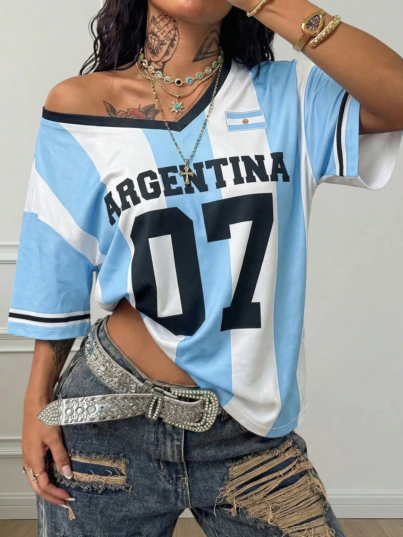 Camiseta con estampado inspirado en Argentina para mujer, camiseta deportiva elegante de manga corta, holgada, transpirable, informal, para verano, número 07
