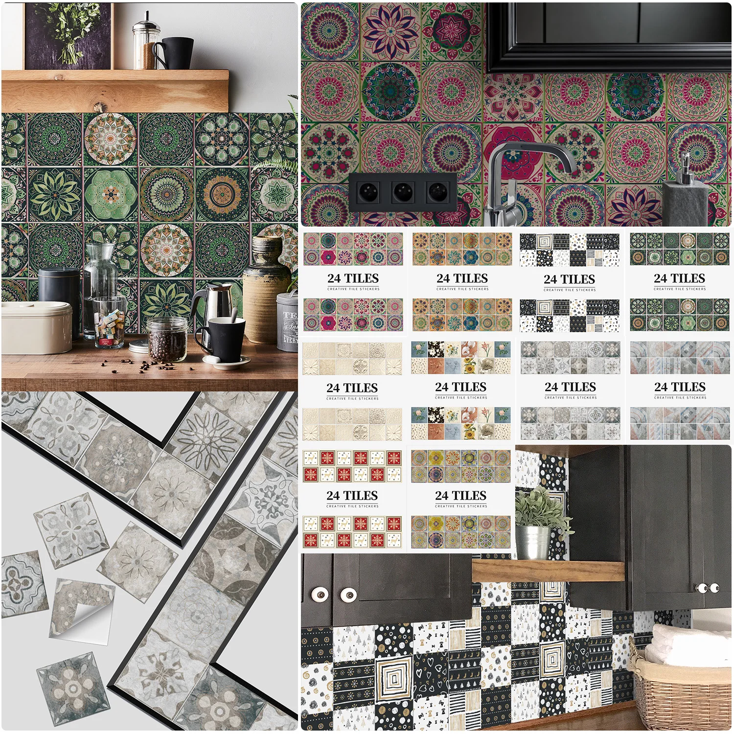 

24PCS vintage floral tile stickers, waterproof self-adhesive peel off stickers, kitchen, bathroom, home decoration