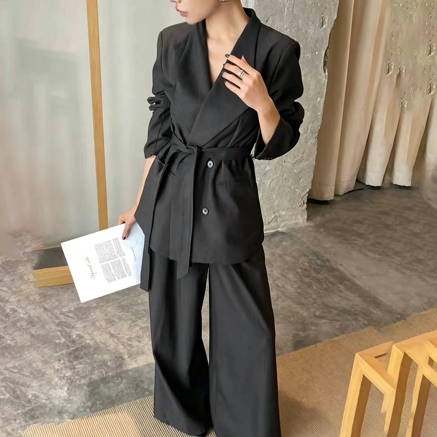 IG  2026 Women Belted Blazer Suit Double Breasted Lapel Jacket Wide Leg Pants 2‑Piece Office Business Outfit