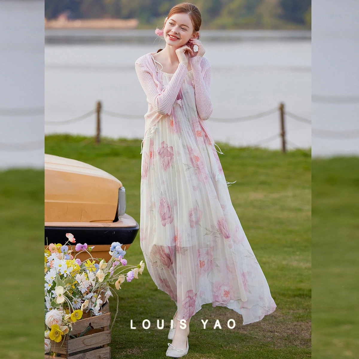 طقم فستان نسائي من LOUIS YAO طقم فستان صيفي مكون من قطعتين شال مطبوع خفيف مع فستان طويل موضة مع مجموعات