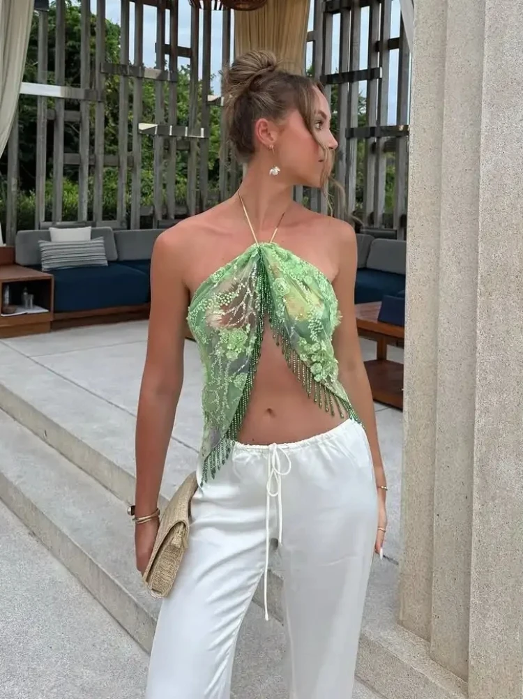 

3D Floral Beads Sequined Green Beach Skirts Women Sexy Mesh Lace up Tassel Beach Cover Female Holiday Party Skirt Summer Outfits