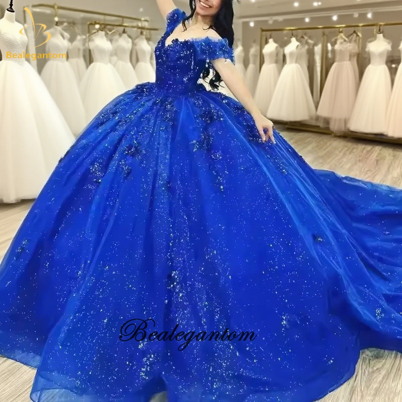 

Bealegantom Shiny Royal Blue Quinceanera Dresses Off-Shoulder Beading Crystal Birthday Party Sweet 16 Vestidos De 15 Anos BQ1