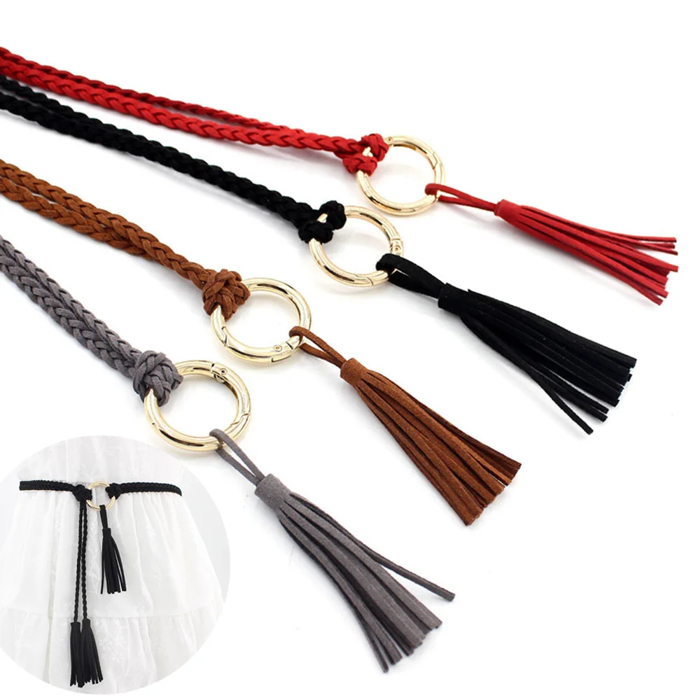 

Slim PU Leather Long Waist Belts Hand-woven Ring Women's Belt Braided Tassels Waist Chain Knotted Thin Waist Strap Self-Tie Belt