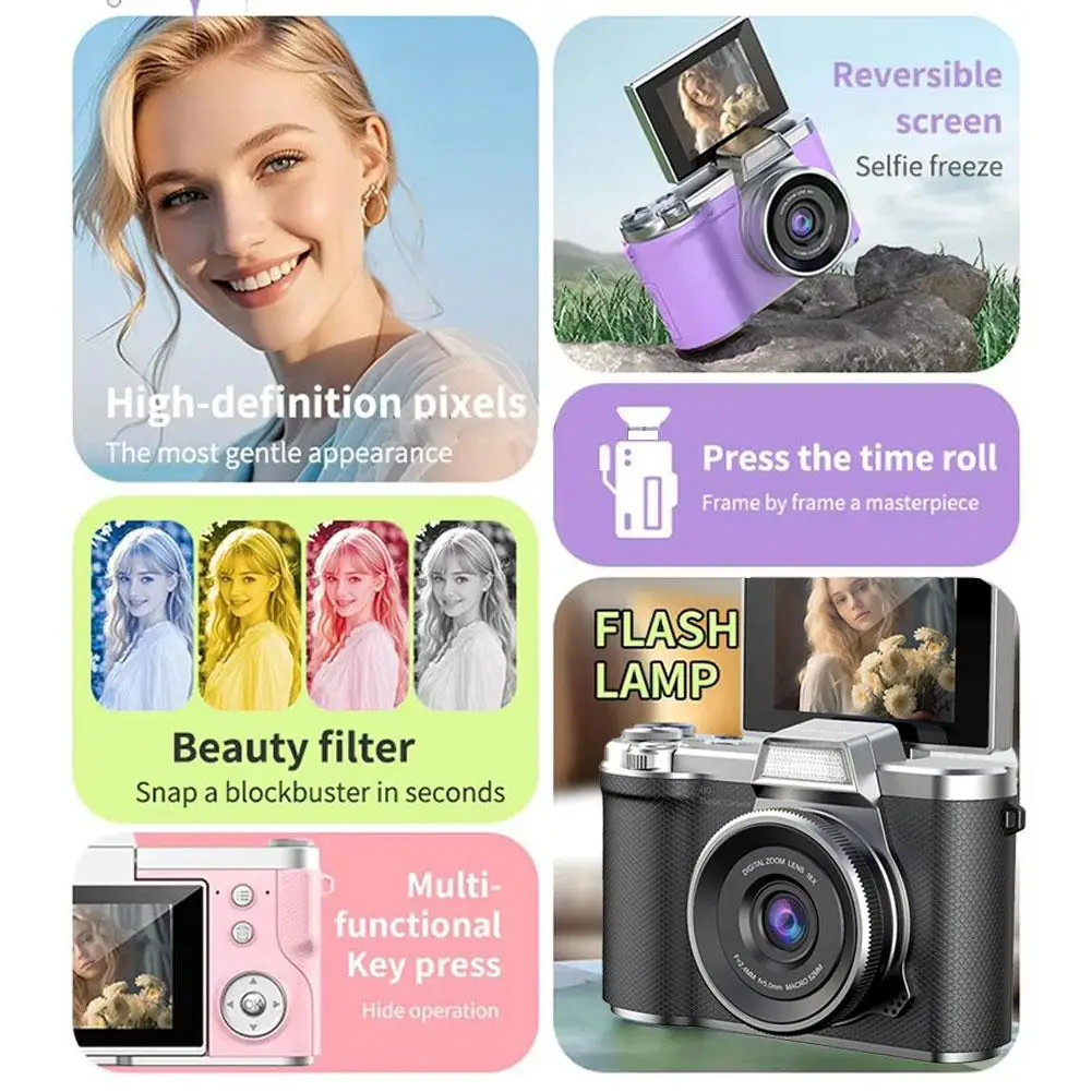 Digital Camera For Photography, 4K Vlogging Camera 180° Flip Screen 16X Digital Zoom Compact Cameras CCD Filter Camera