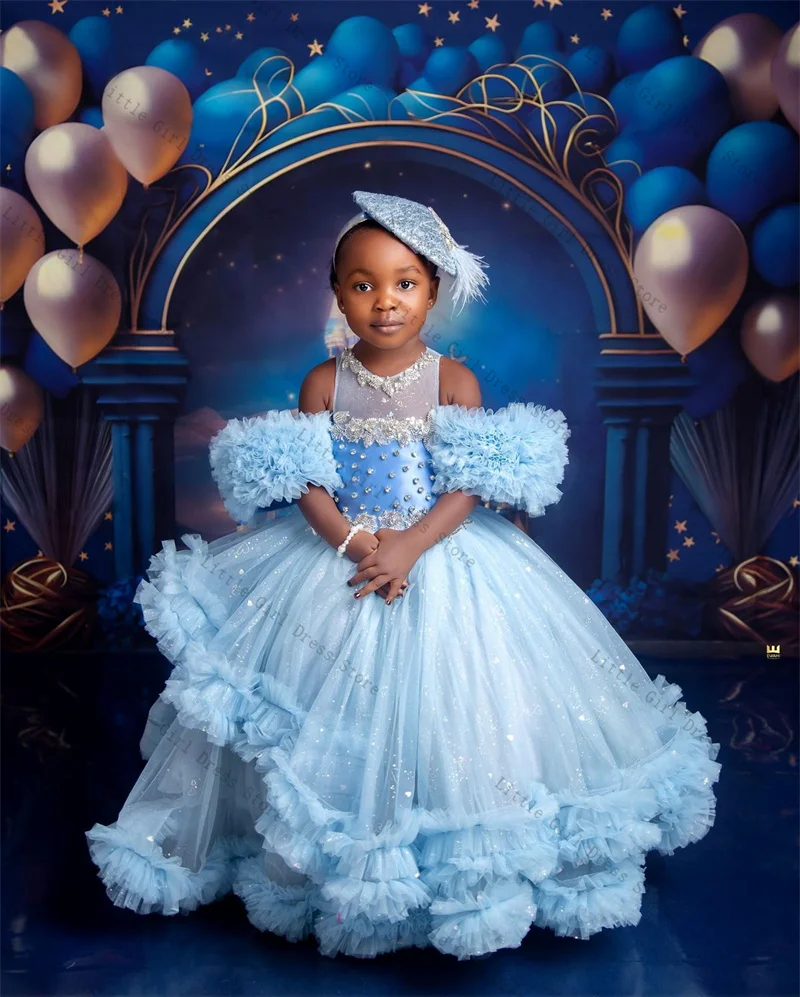 Lichtblauwe prinses bloemenmeisje jurk steen kristallen gelaagde tule trouwjurk kinderen verjaardagsfeestje optocht jurk aangepast