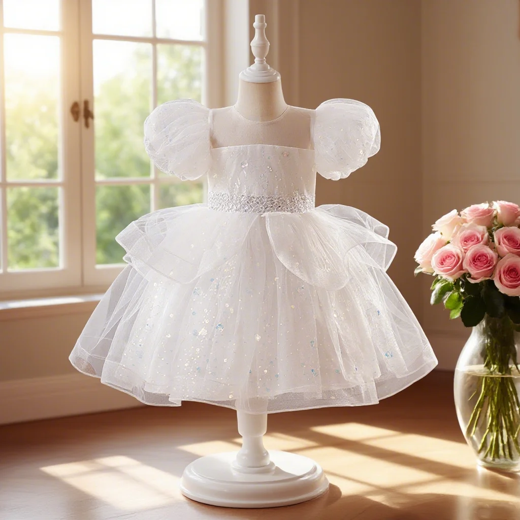

Girls white dress with puff sleeves sequined decoration high-end princess dress suitable for birthday parties