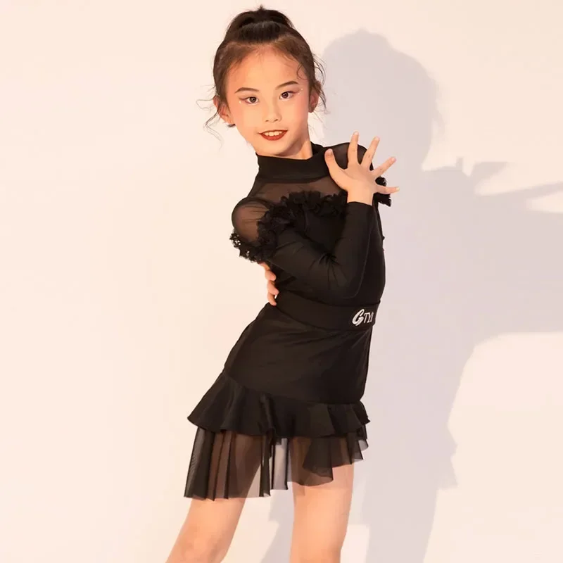 Meninas e crianças avançadas outono/inverno preto terno de dança latina edição novo treinamento desempenho conjunto terno de dança