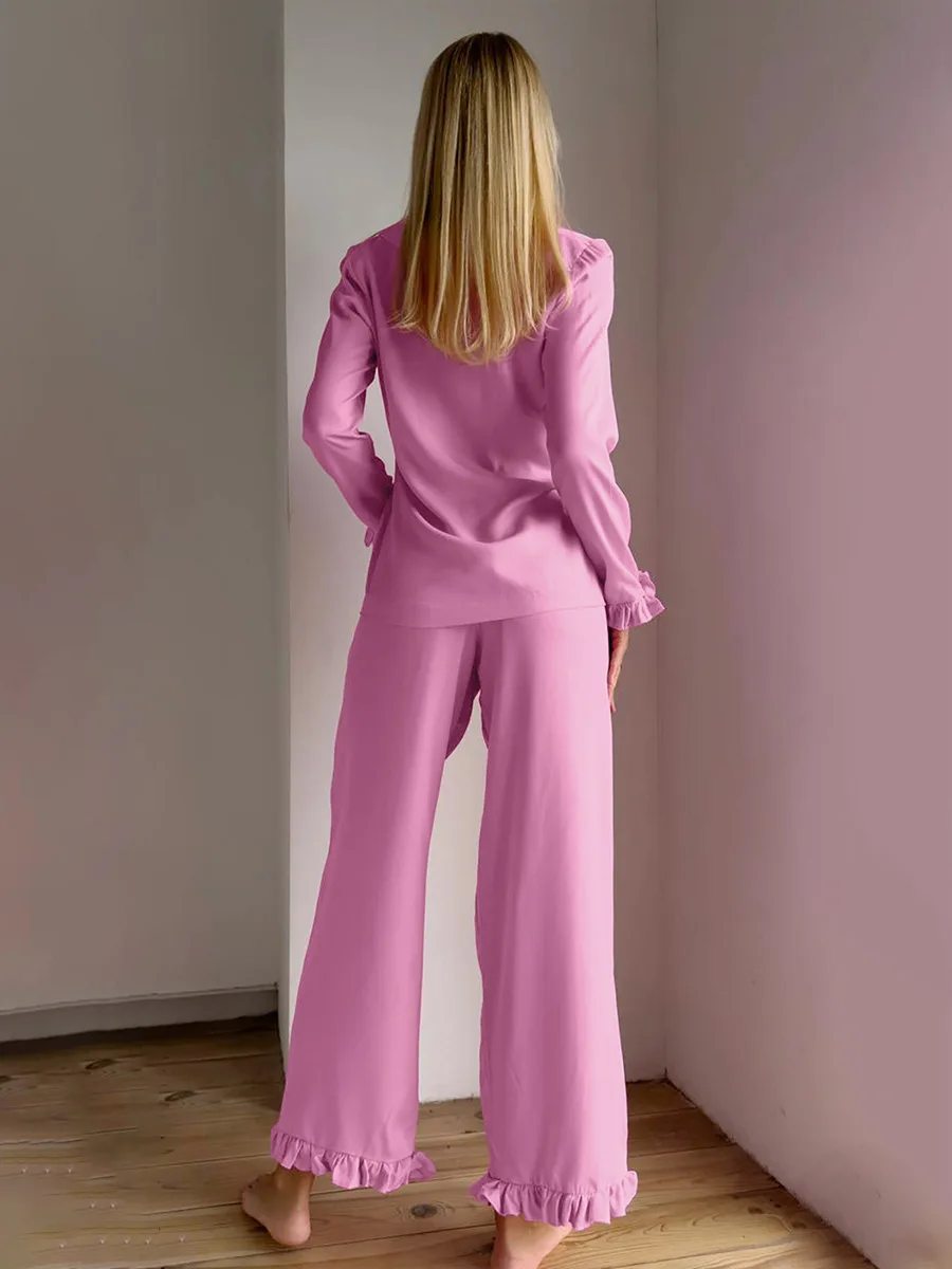 Blubelle-Conjunto de pijama con pantalones largos y manga larga para mujer, cárdigan de Color liso, informal, para casa, hoja de loto