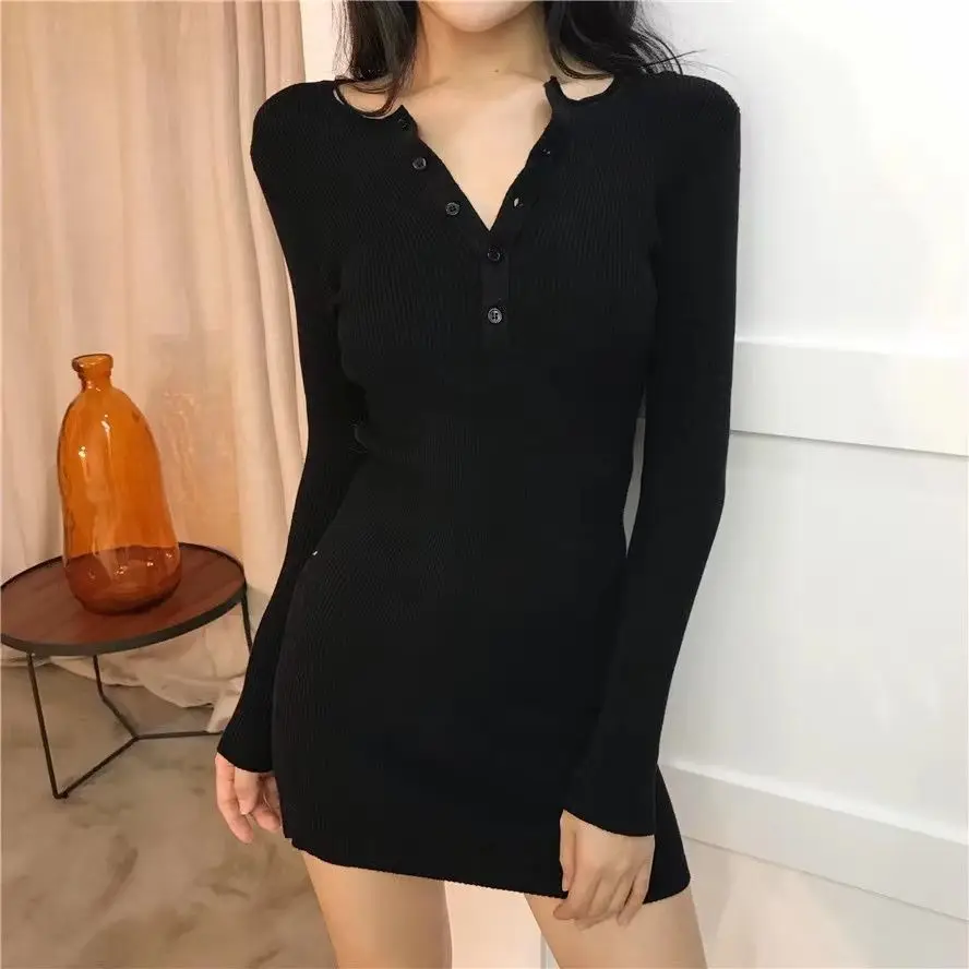 Spice Girl Herbst Tailliertes V-Ausschnitt Langarm Strickkleid Damen Bodycon-Kleider Herbst Eng Anliegendes Hüftbetontes Sexy Kleid MOKIJINS